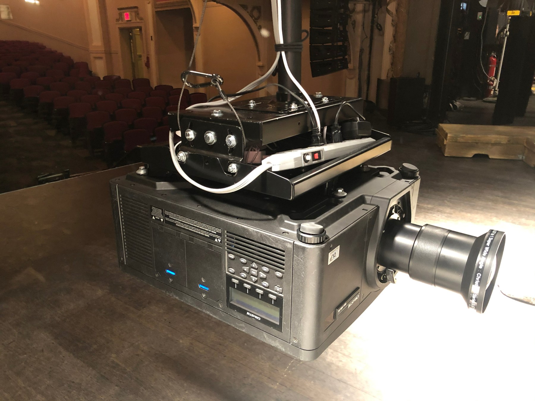 Professional projector and lens set up in a theatre